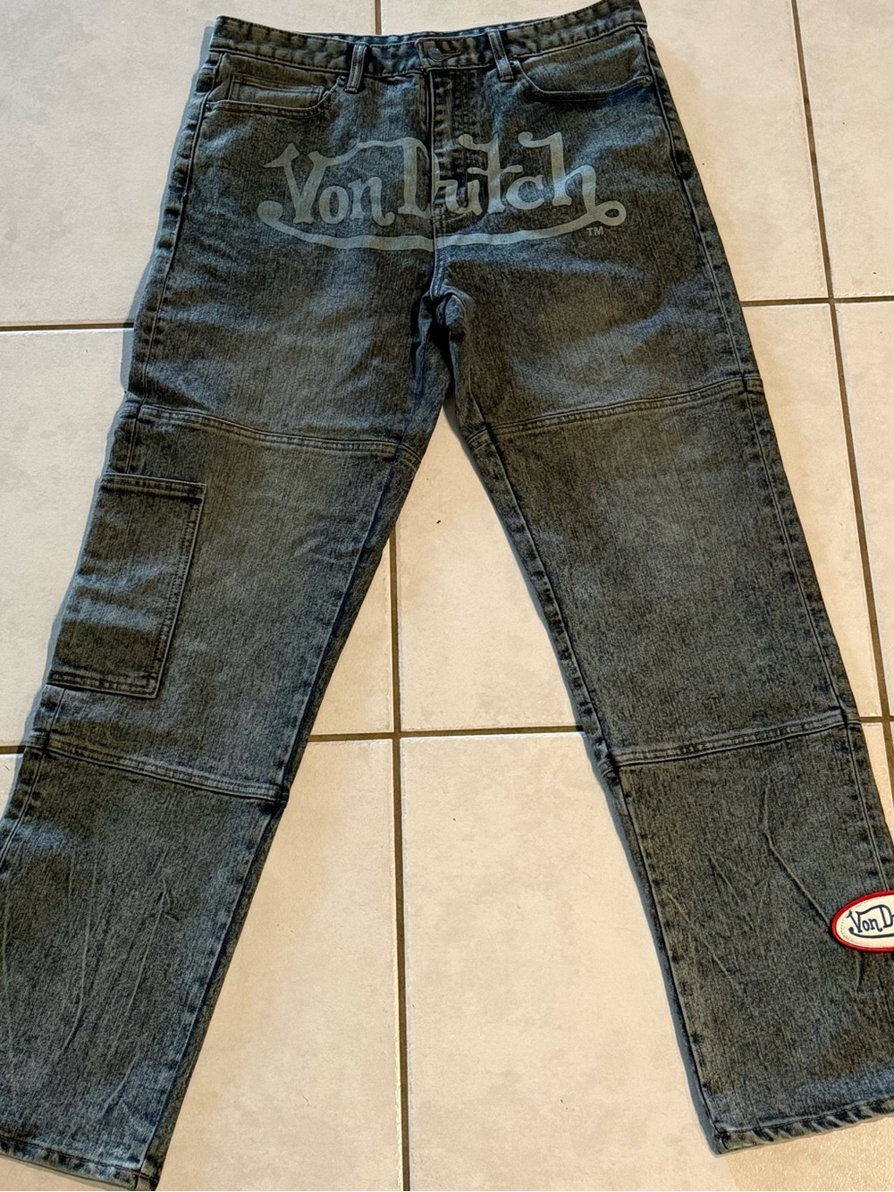 Von Dutch Men's Black Washed Carpenter Jeans with Logo Print 32